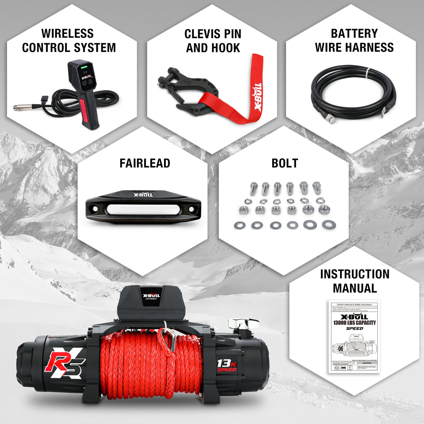 X-BULL 13000 LBS 12V Electric Winch XRS Speed with Wireless Remote and Synthetic Rope for UTVs/SUVs Jeep Towing Truck 4WD