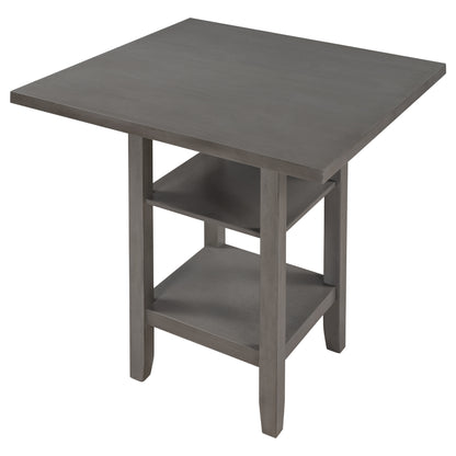 TREXM Square Wooden Counter Height Dining Table with 2-Tier Storage Shelving, Gray