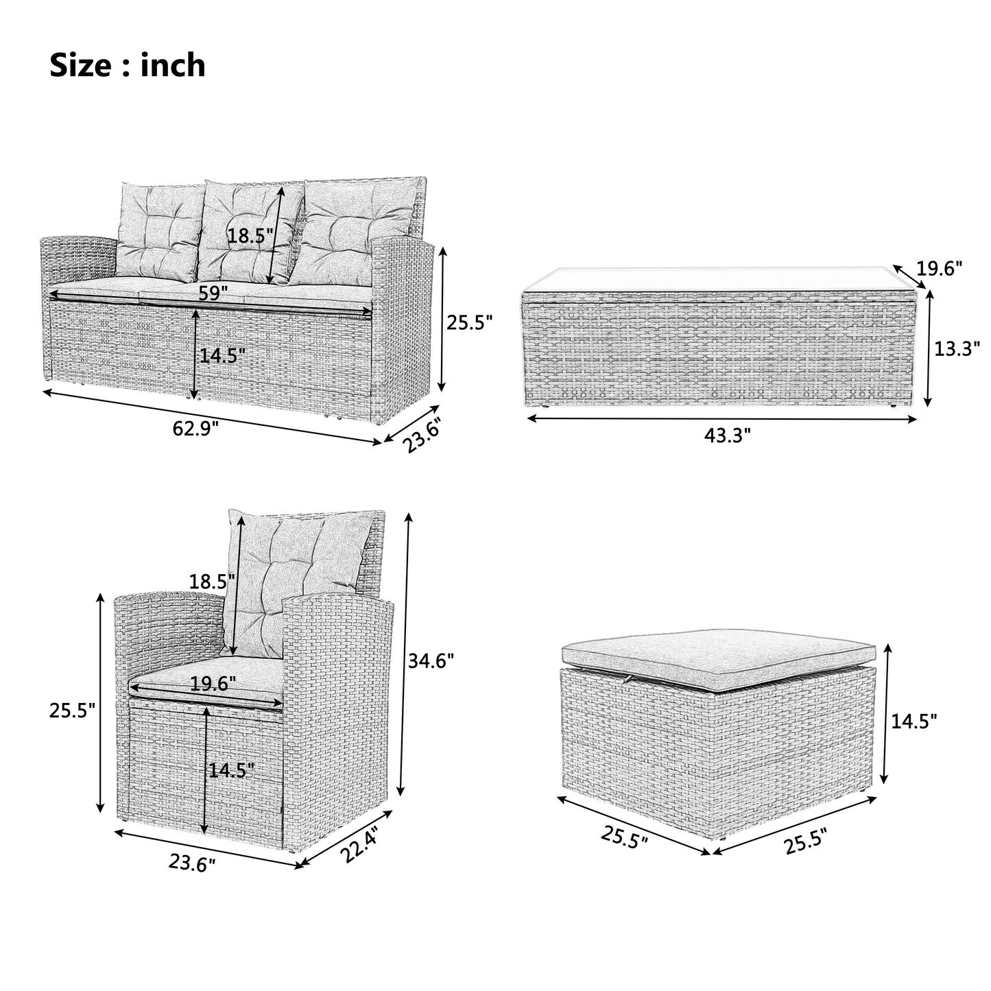 TOPMAX 5-piece Outdoor UV-Resistant Patio Sofa Set with Storage Bench All Weather PE Wicker Furniture Coversation Set with Glass Table, Gray