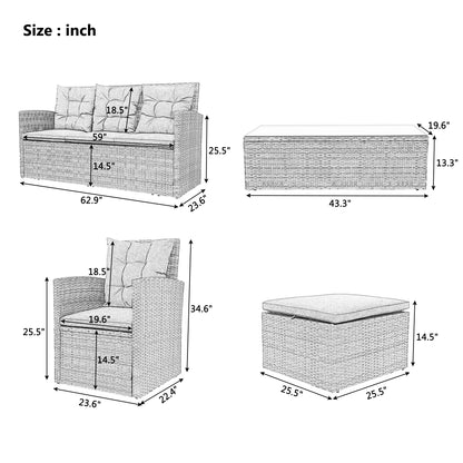 TOPMAX 5-piece Outdoor UV-Resistant Patio Sofa Set with Storage Bench All Weather PE Wicker Furniture Coversation Set with Glass Table, Gray