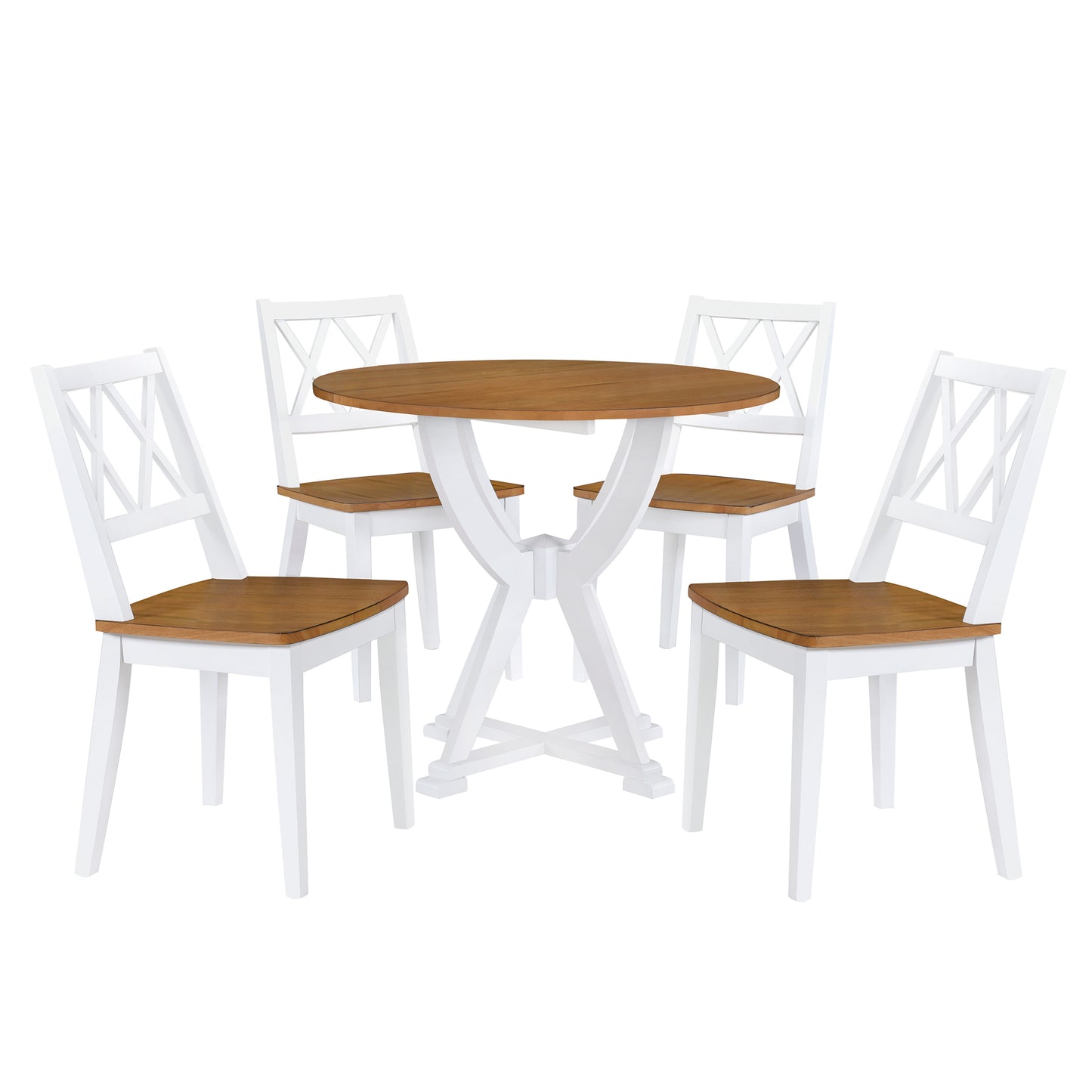 TOPMAX  Mid-Century 5-Piece Round Dining Table Set with Trestle Legs and 4 Cross Back Dining Chairs, Antique Oak+White