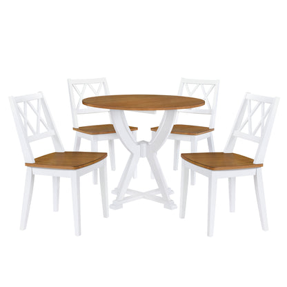 TOPMAX  Mid-Century 5-Piece Round Dining Table Set with Trestle Legs and 4 Cross Back Dining Chairs, Antique Oak+White