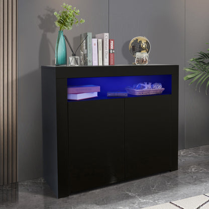 Living Room Sideboard Storage Cabinet Black High Gloss with LED Light, Modern Kitchen Unit Cupboard Buffet Wooden Storage Display Cabinet TV Stand with 2 Doors for Hallway Dining Room