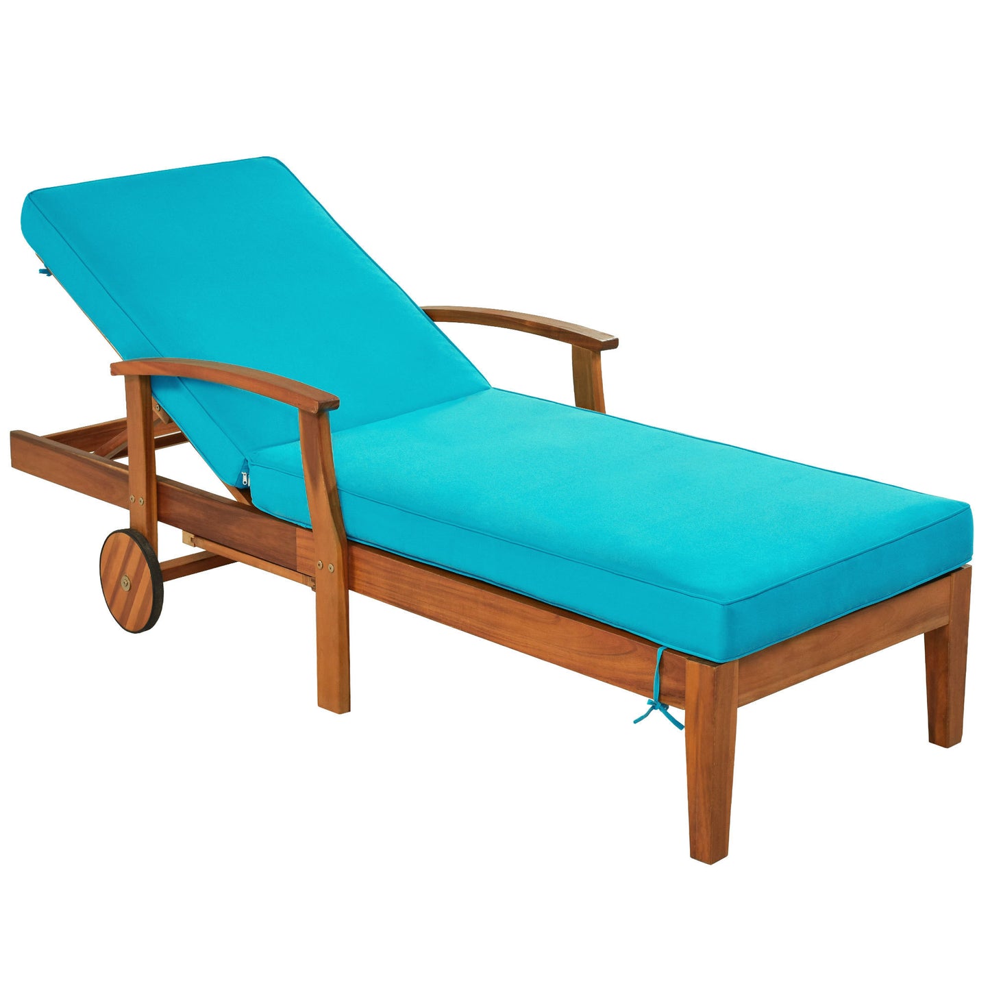 TOPMAX Outdoor Solid Wood 78.8" Chaise Lounge Patio Reclining Daybed with Cushion, Wheels and Sliding Cup Table for Backyard, Garden, Poolside,Brown Wood Finish+Blue Cushion