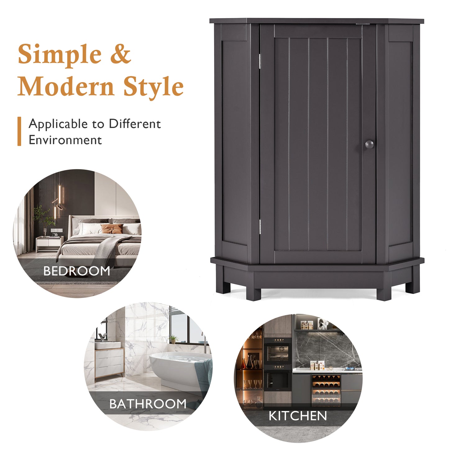 Bathroom Cabinet Triangle Corner Storage Cabinet with Adjustable Shelf Modern Style MDF Board, Black Brown