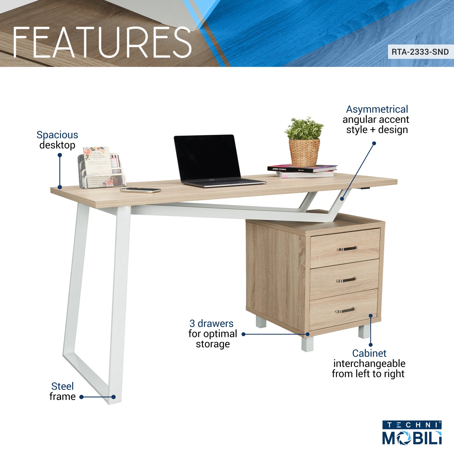 Techni Mobili Modern Design Computer Desk with Storage, Sand