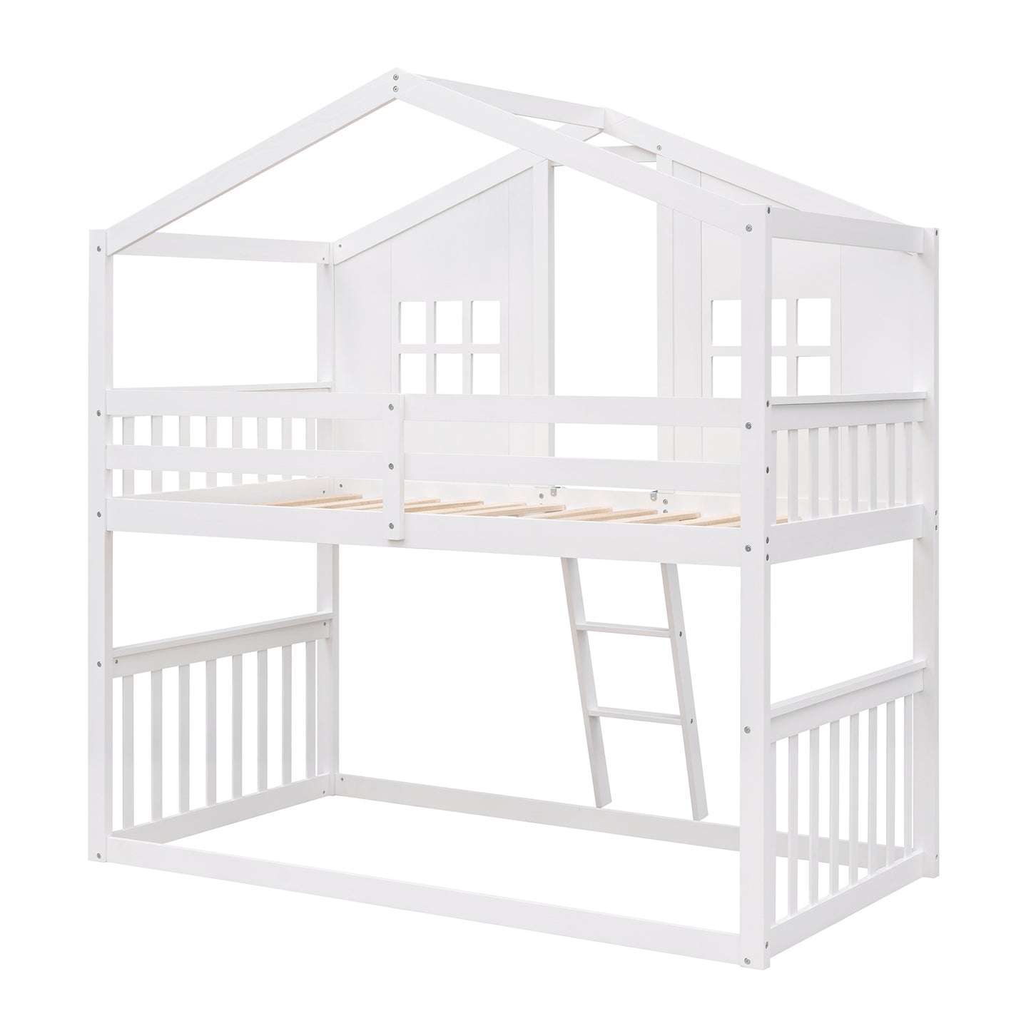 Twin Over Twin House Bunk Bed With Ladder, Wood Bed-White