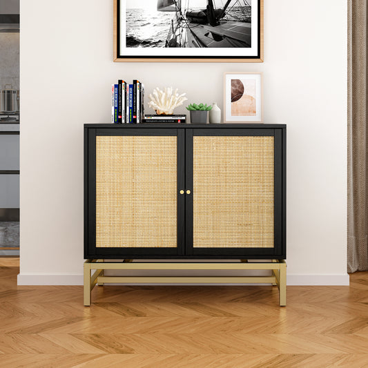 2 Door Cabinet,Natural Rattan 2 Door high cabinet，Built-in adjustable shelf，Easy Assembly，Free Standing Cabinet for Living Room Bedroom,Hallway