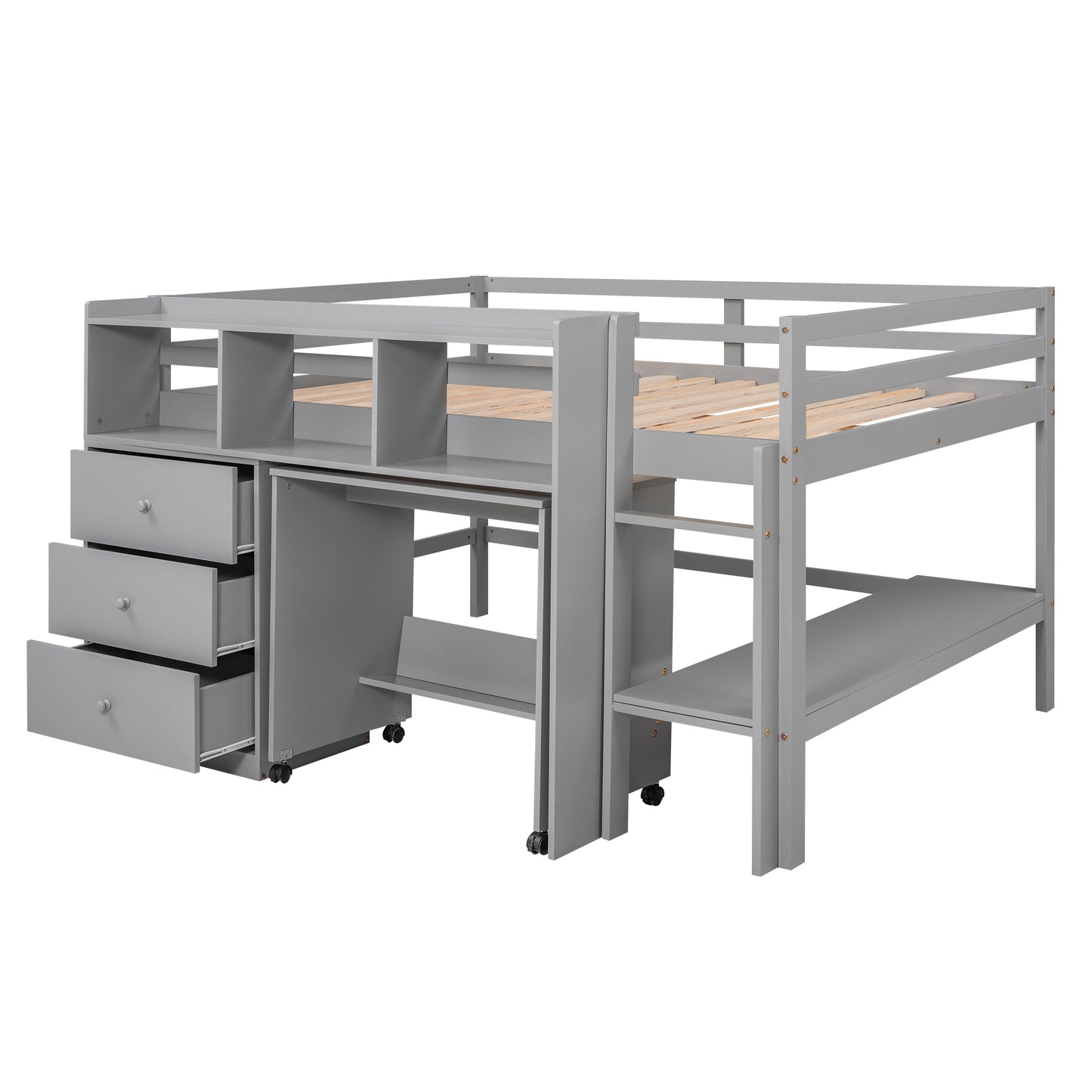 Full Size Low Loft Bed with Rolling Portable Desk, Drawers and Shelves,  Gray