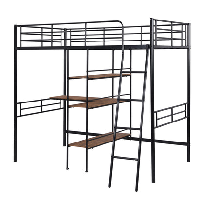 Twin Size Metal Loft Bed and Built-in Desk and Shelves,Black(OLD DKU:WF280270AAB)