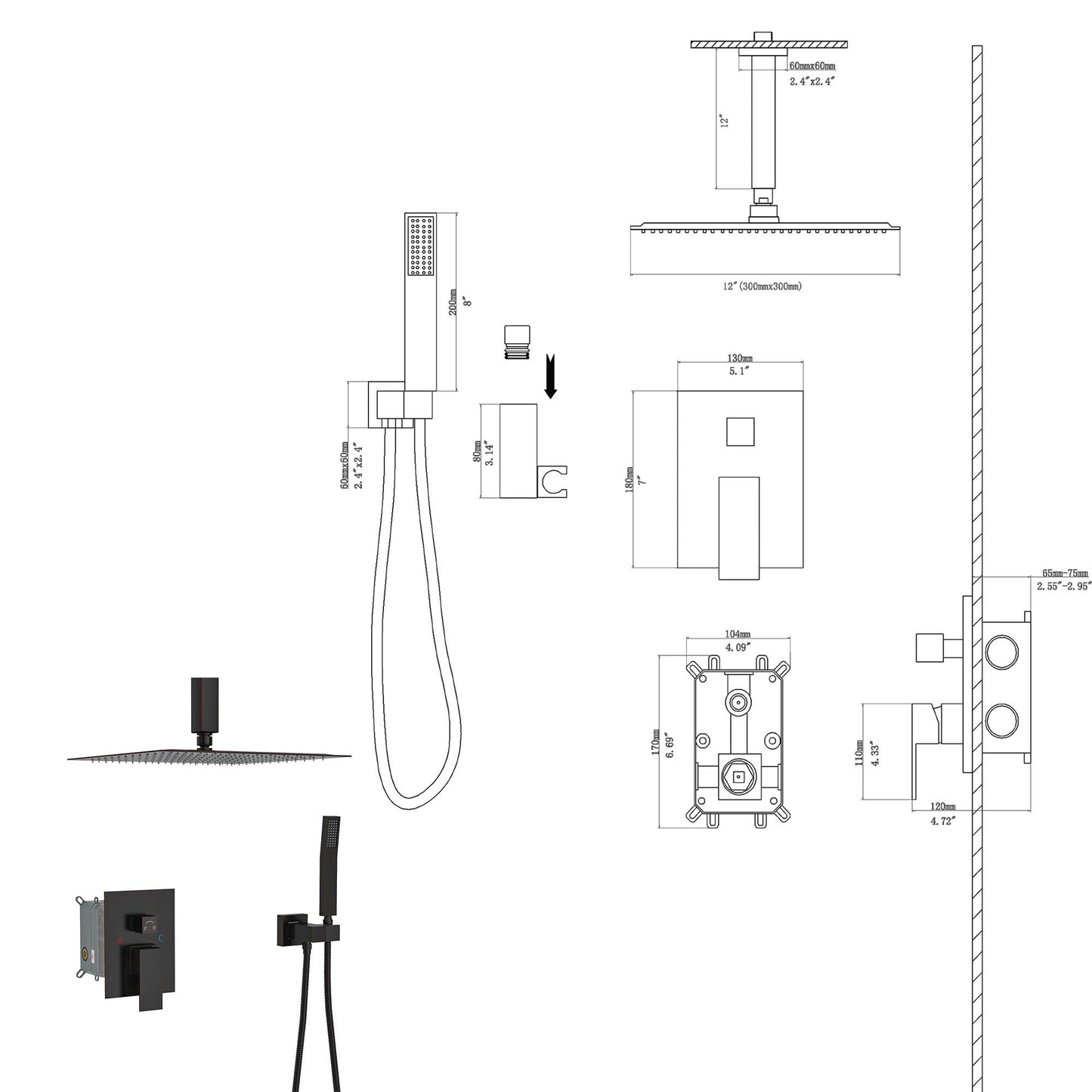 Ceiling Shower Set - 12inch Square Shower Set, Dual Shower Heads, Oil Rubber Bronze