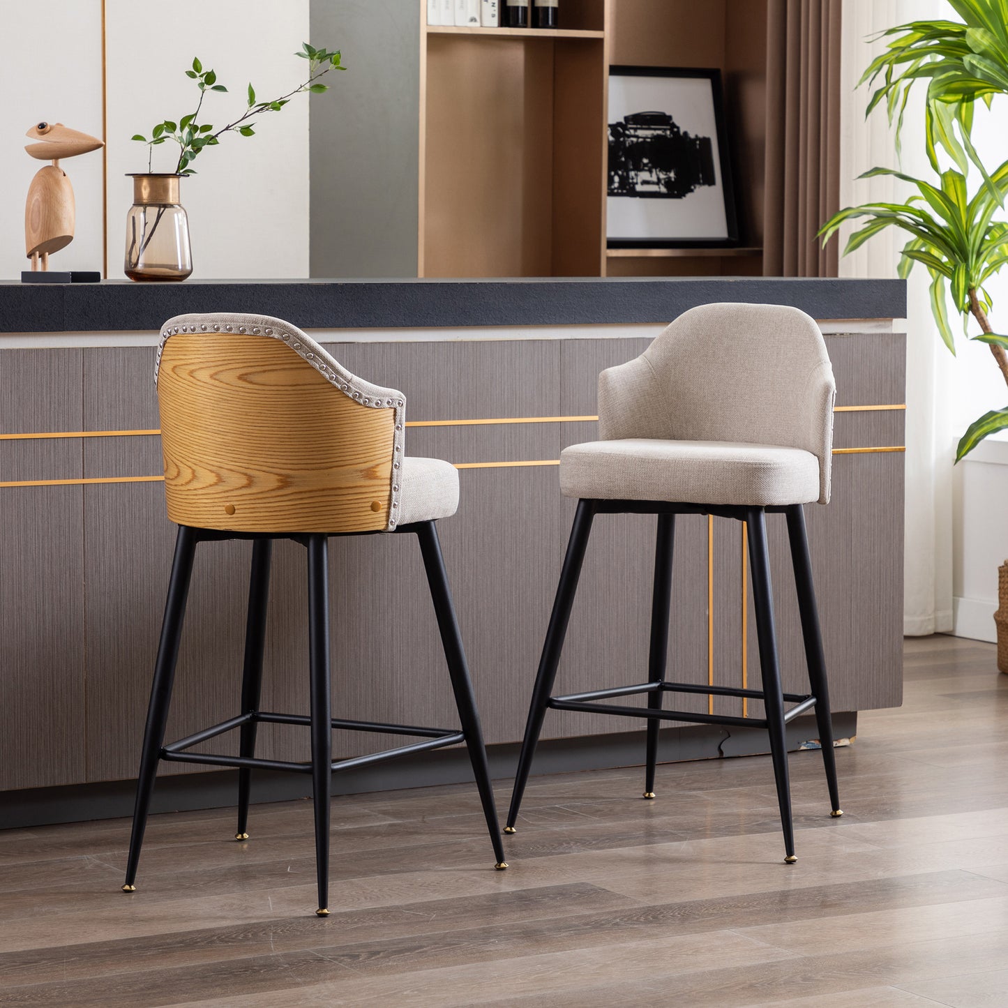 Set of 2 Counter Bar Stools, Fabric Upholstered Bar Stool with Nailhead Trim Back, Metal Legs in Matte Black, 25.59" H Seat Height