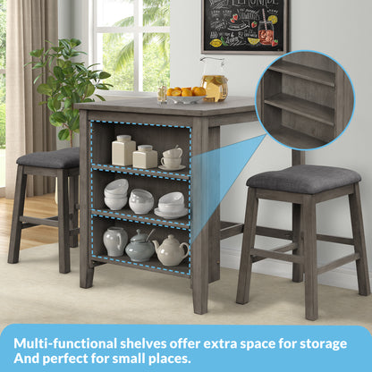 TOPMAX 3 Piece Dining Table with Padded Stools, Table Set with Storage Shelf,Dark Gray