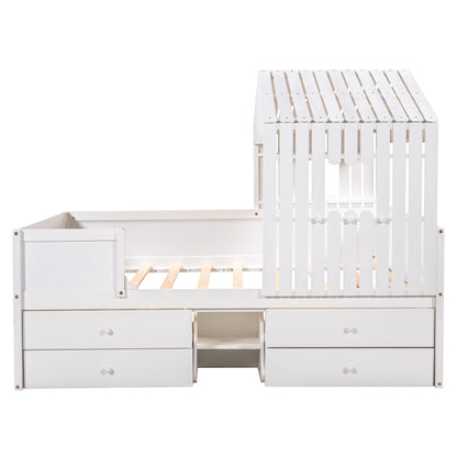 Full Size House Low Loft Bed with Four Drawers,White