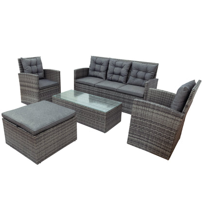 TOPMAX 5-piece Outdoor UV-Resistant Patio Sofa Set with Storage Bench All Weather PE Wicker Furniture Coversation Set with Glass Table, Gray