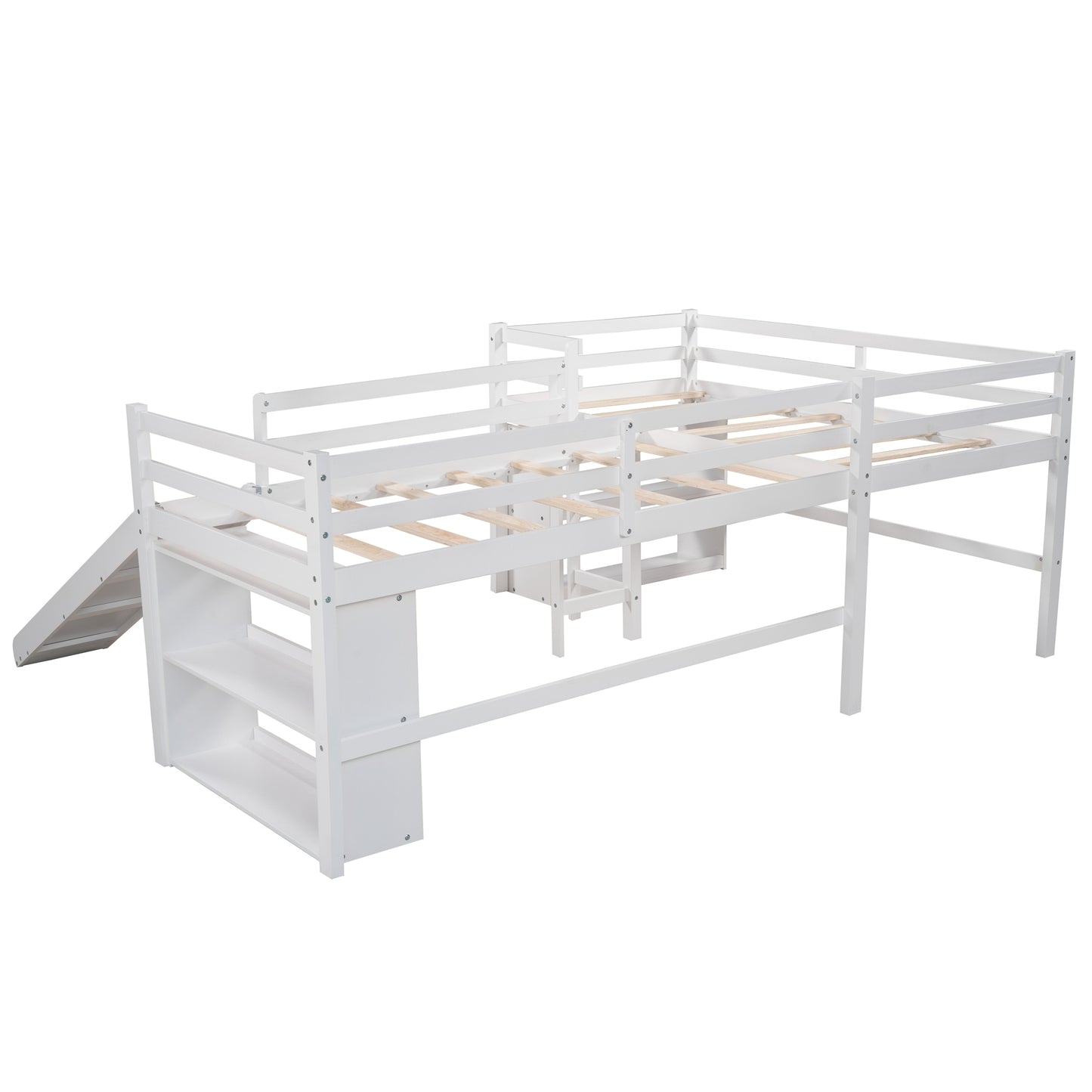 Twin Size L-Shaped Loft Bed with Movable Two-Tier Shelves and Slide,White