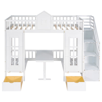 Twin-Over-Twin Bunk Bed with Changeable Table , Bunk Bed  Turn into Upper Bed and Down Desk with 2 Drawers - White