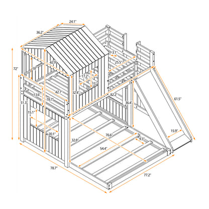 Wooden Twin Over Full Bunk Bed, Loft Bed with Playhouse, Farmhouse, Ladder, Slide and Guardrails, White(OLD SKU :LT000028AAE)