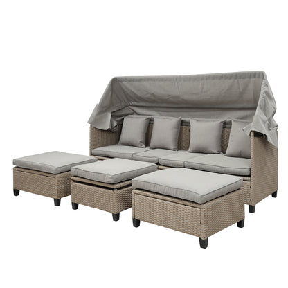 TOPMAX 4 Piece UV-Resistant Resin Wicker Patio Sofa Set with Retractable Canopy, Cushions and Lifting Table,Brown