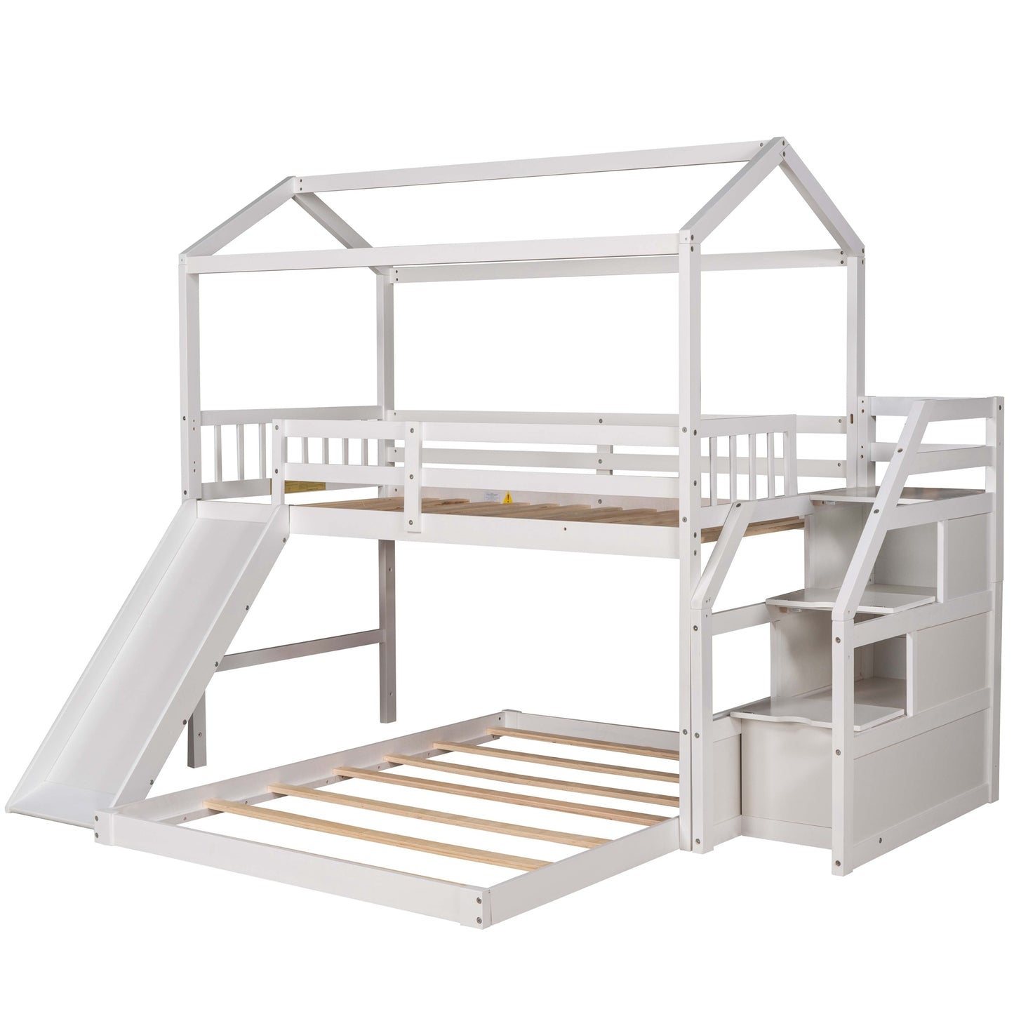 Twin over Full House Bunk Bed with Convertible Slide and Storage Staircase,Full-Length Guardrail,White