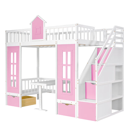 Twin-Over-Twin Bunk Bed with Changeable Table , Bunk Bed  Turn into Upper Bed and Down Desk with 2 Drawers - Pink