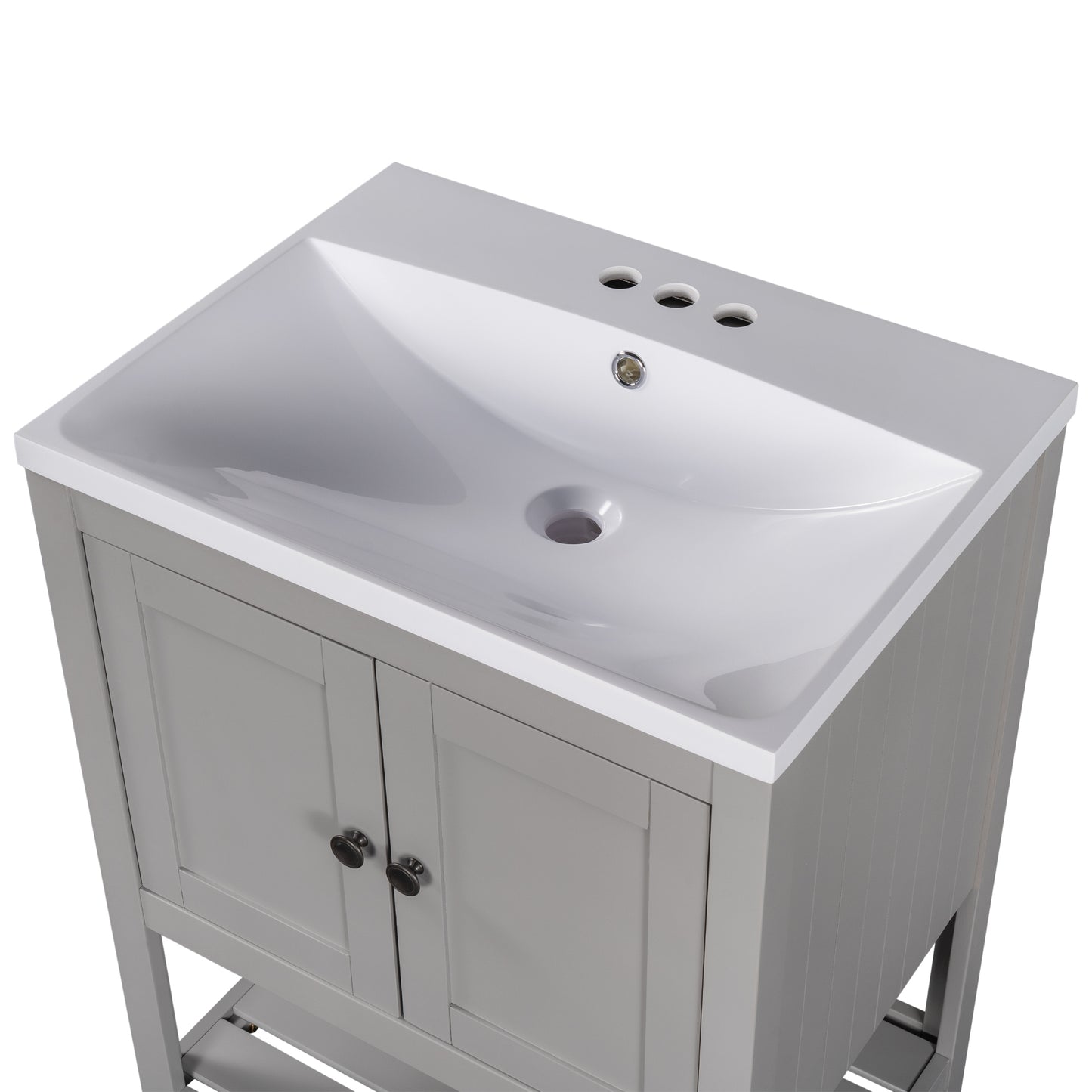 [VIDEO] 24" Grey Modern Sleek Bathroom Vanity Elegant Ceramic Sink with Solid Wood Frame Open Style Shelf (OLD SKU: JL000001AAE)