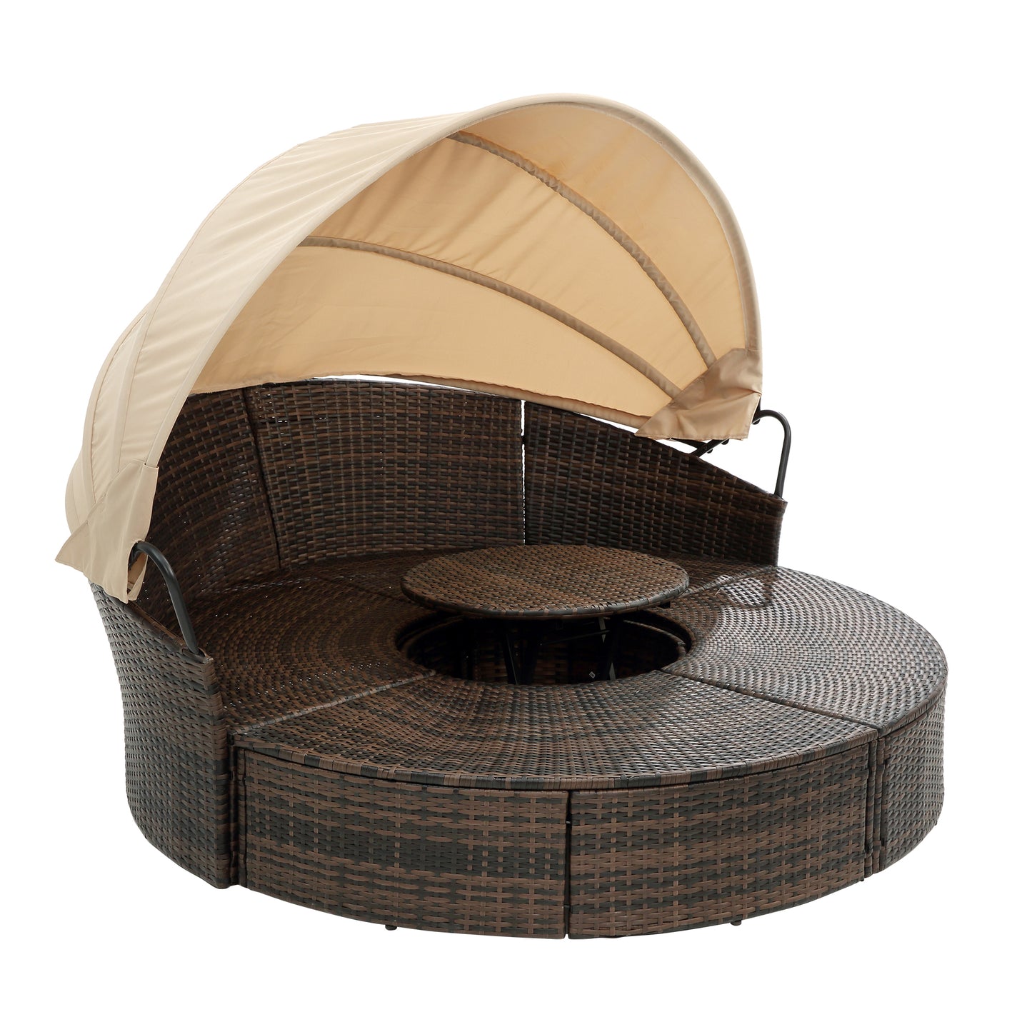 Hot Sale KD Rattan Round Lounge With Canopy Bali Canopy Bed Outdoor, Wicker Outdoor Sofa Bed with lift coffee table