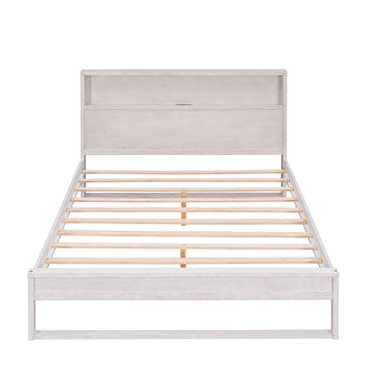 Platform Bed with Storage Headboard,Sockets and USB Ports,Queen Size Platform Bed,Antique White