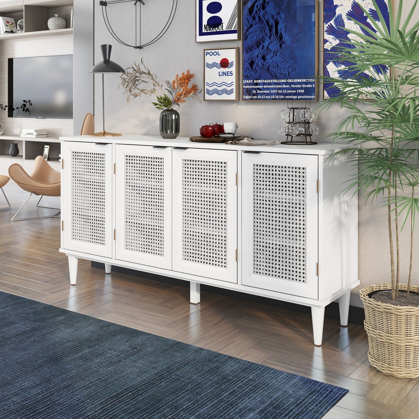 TREXM Large Storage Space Sideboard with Artificial Rattan Door and Unobtrusive Doorknob for Living Room and Entryway (White)