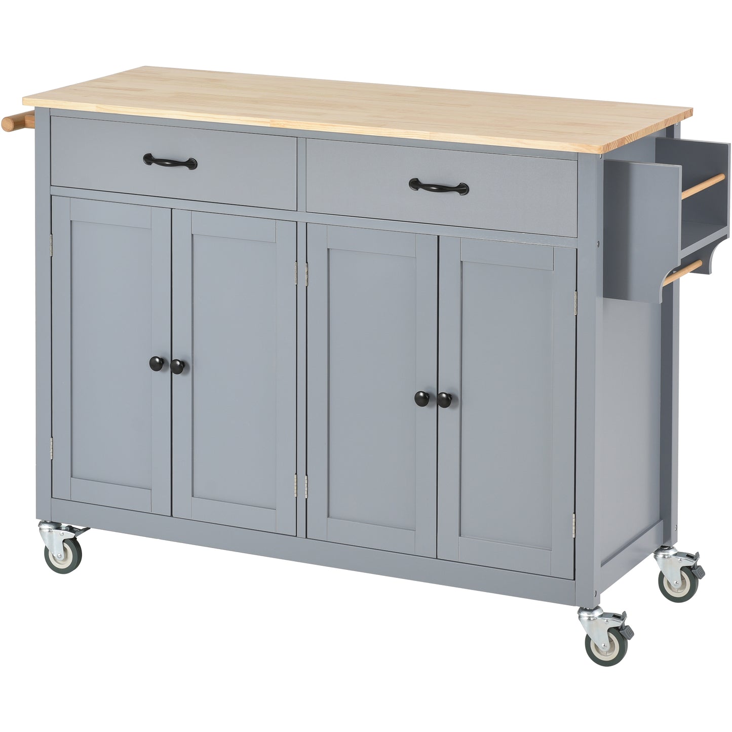 Kitchen Island Cart with Solid Wood Top and Locking Wheels，54.3 Inch Width，4 Door Cabinet and Two Drawers，Spice Rack, Towel Rack （Grey Blue）