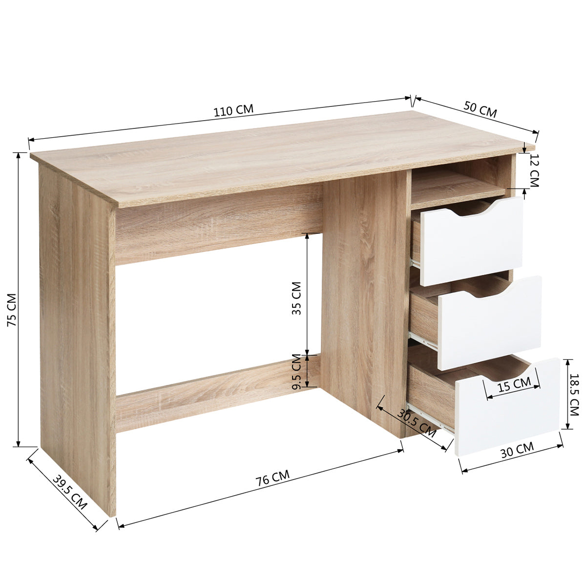 43.3”Wood Corner Writing Table with Shelf 3 Drawers Storage