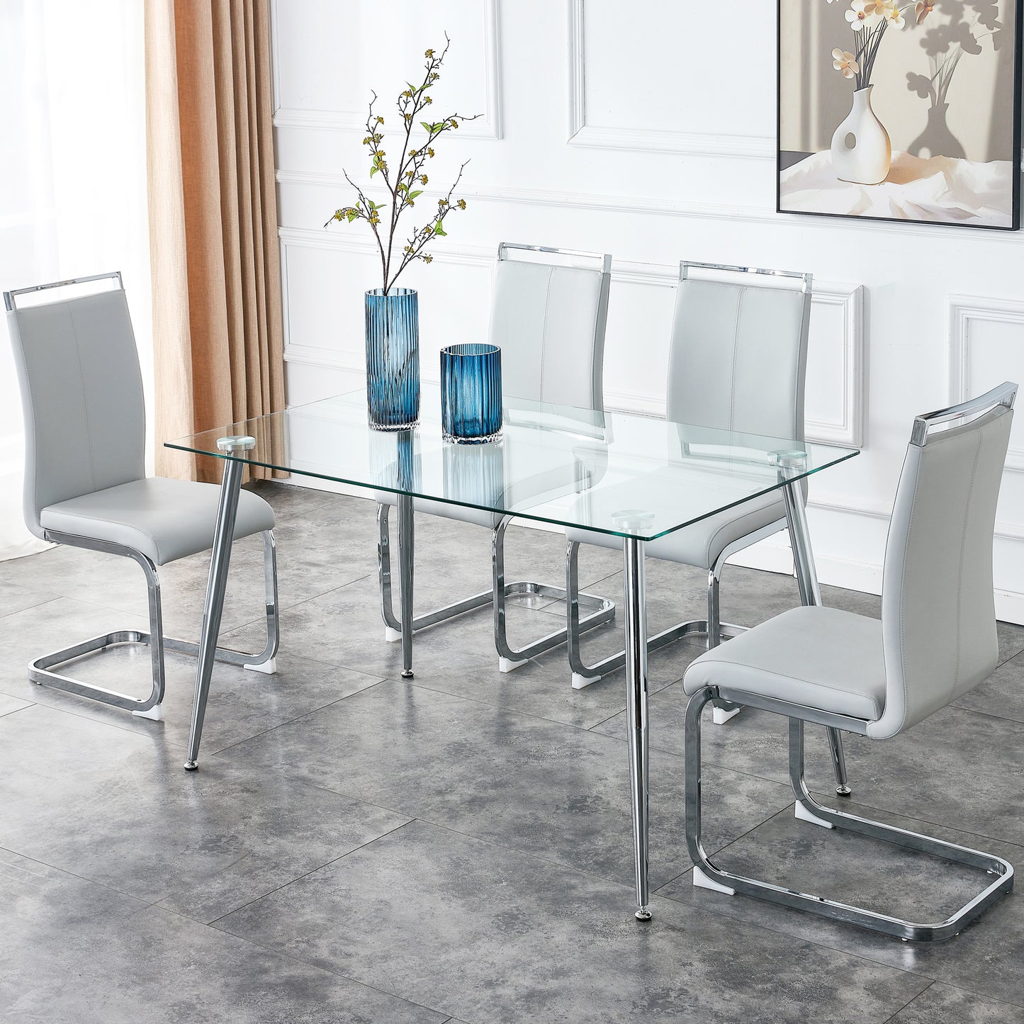 Modern Minimalist Rectangular Glass Dining Table for 4-6 with 0.31" Tempered Glass Tabletop and Silver Chrome Metal Legs, Writing Table Desk, for Kitchen Dining Living Room, 47" W x 29"D x 30" H