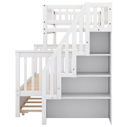 Twin over Full Bunk Bed with Trundle and Staircase,White