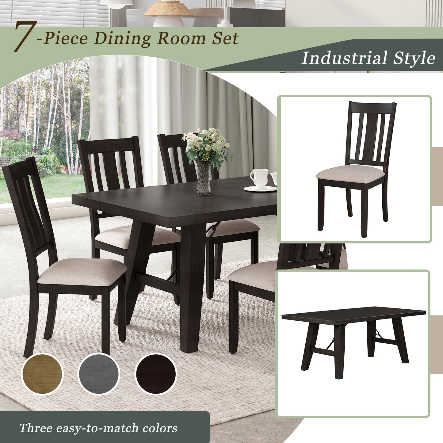 TREXM 7-Piece Dining Room Set - 72" Industrial Style Rectangular Table with Chain Bracket and 6 Dining Chairs (Espresso)