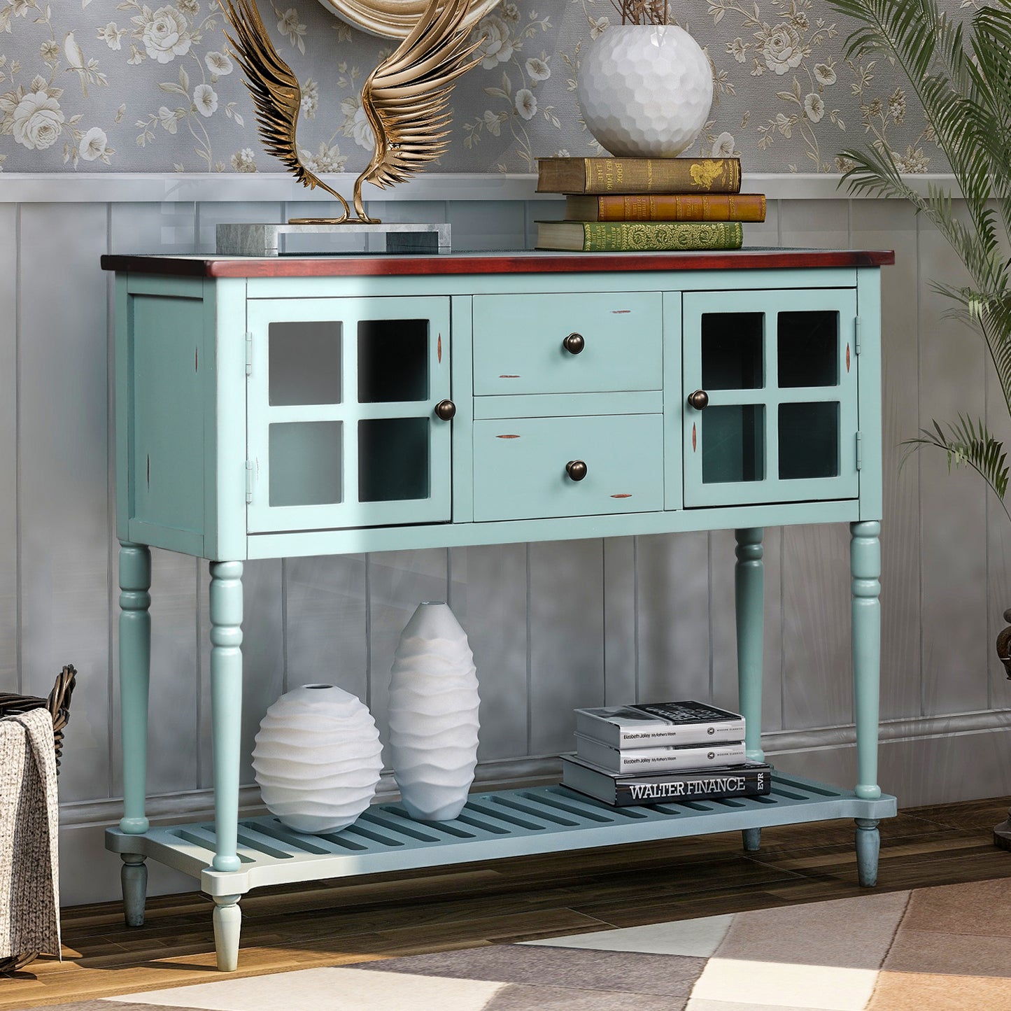 TREXM Sideboard Console Table with Bottom Shelf, Farmhouse Wood/Glass Buffet Storage Cabinet Living Room (Retro Blue)