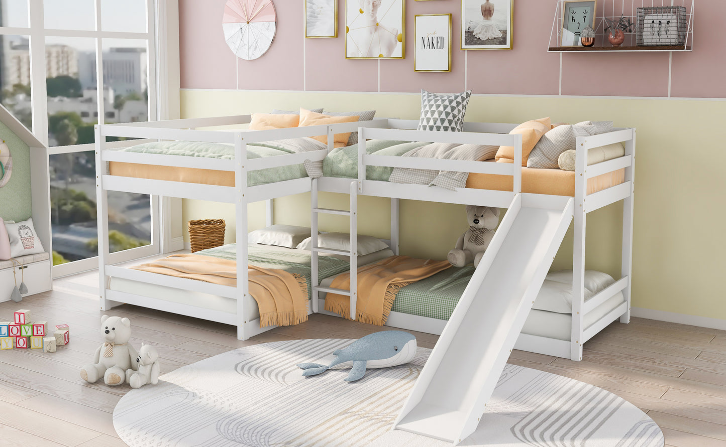 Full and Twin Size L-Shaped Bunk Bed with Slide and Short Ladder,White