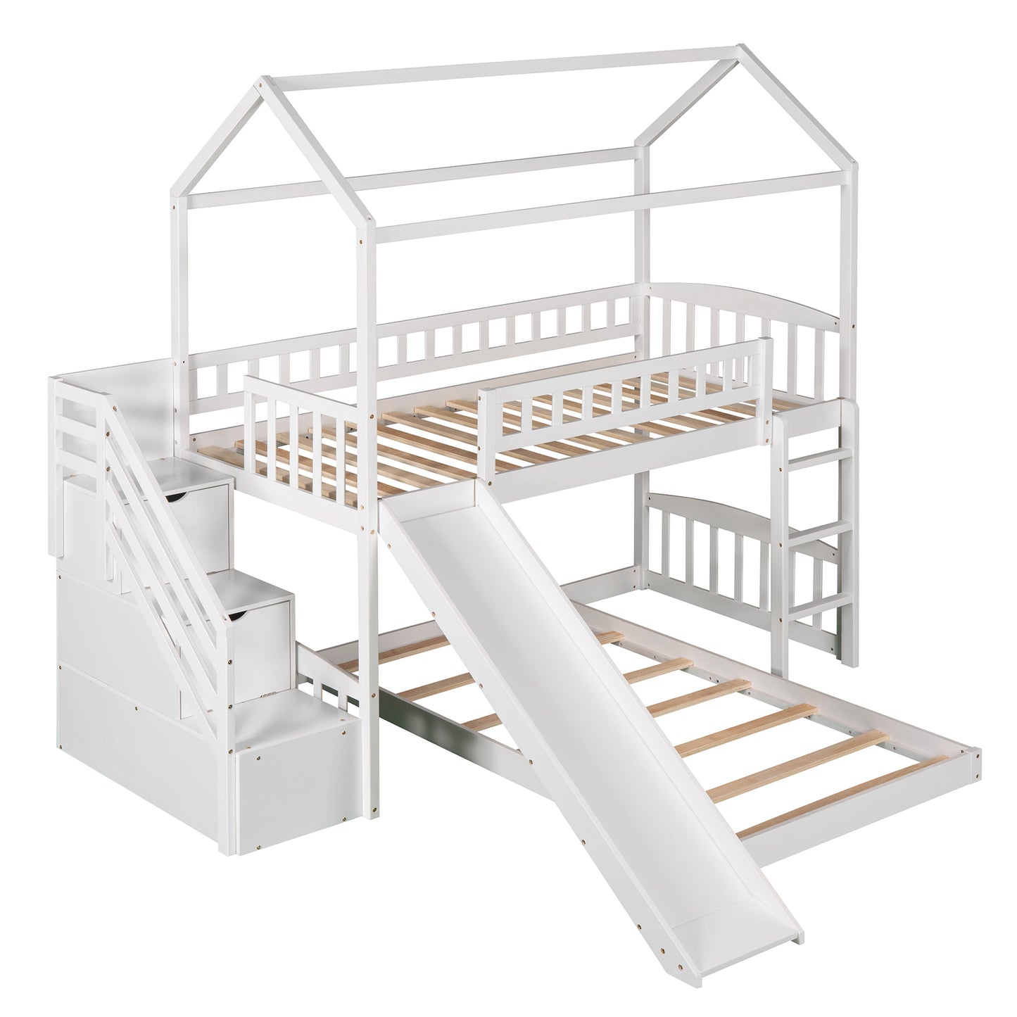 Twin Over Twin Bunk Bed with Two Drawers and Slide, House Bed with Slide, White(OLD SKU :LP000129AAK)