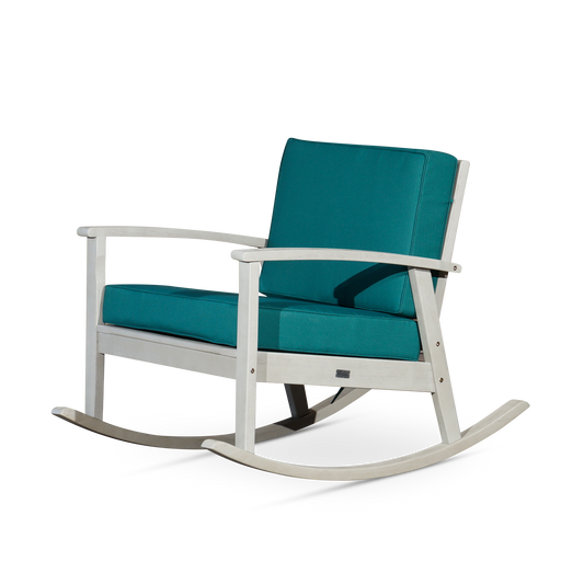 Eucalyptus Rocking Chair with Cushions, Driftwood Gray Finish, Dark Green Cushions