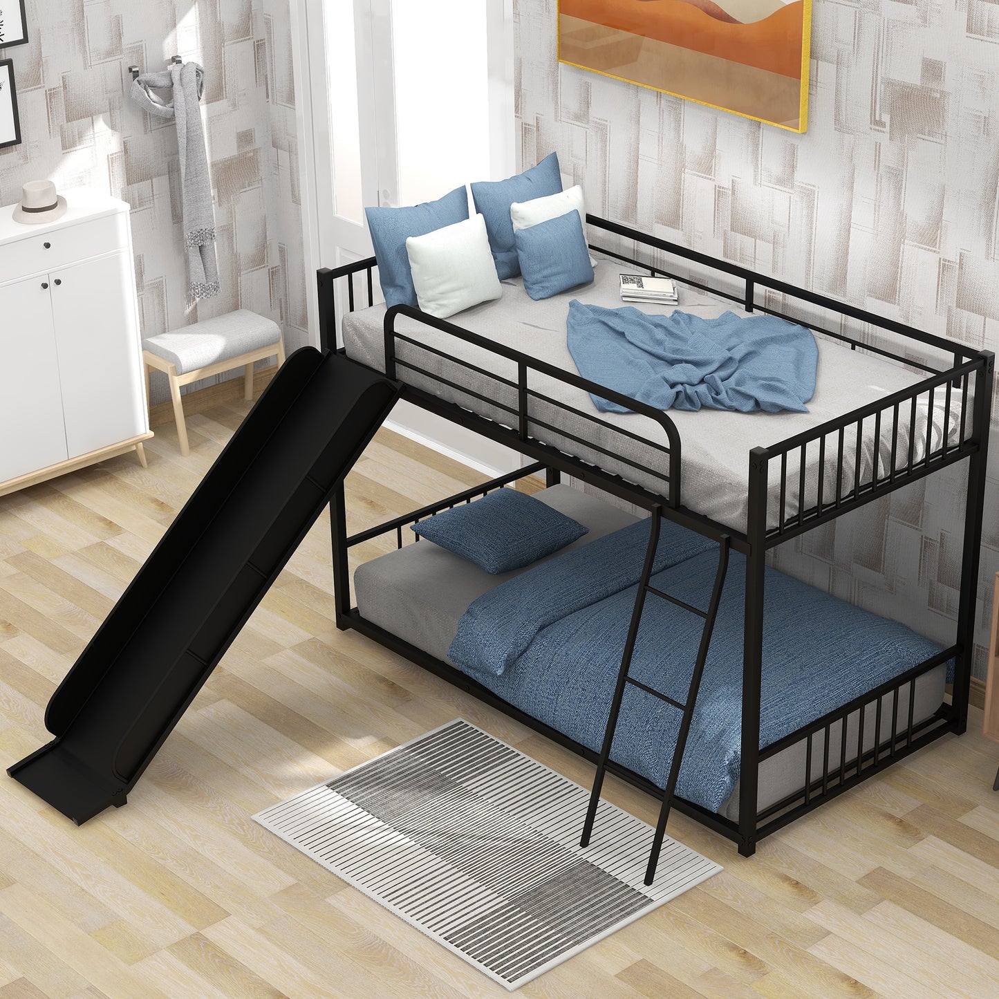 Metal Bunk Bed with Slide, Twin over Twin, Black