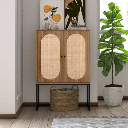 Natural rattan，Allen 2 Door high cabinet，rattan，Built-in adjustable shelf，Easy Assembly，Free Standing Cabinet for Living Room Bedroom