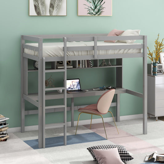 Twin Size Loft Bed with Convenient Desk, Shelves, and Ladder, White(Similar SKU:SM001302AAE)