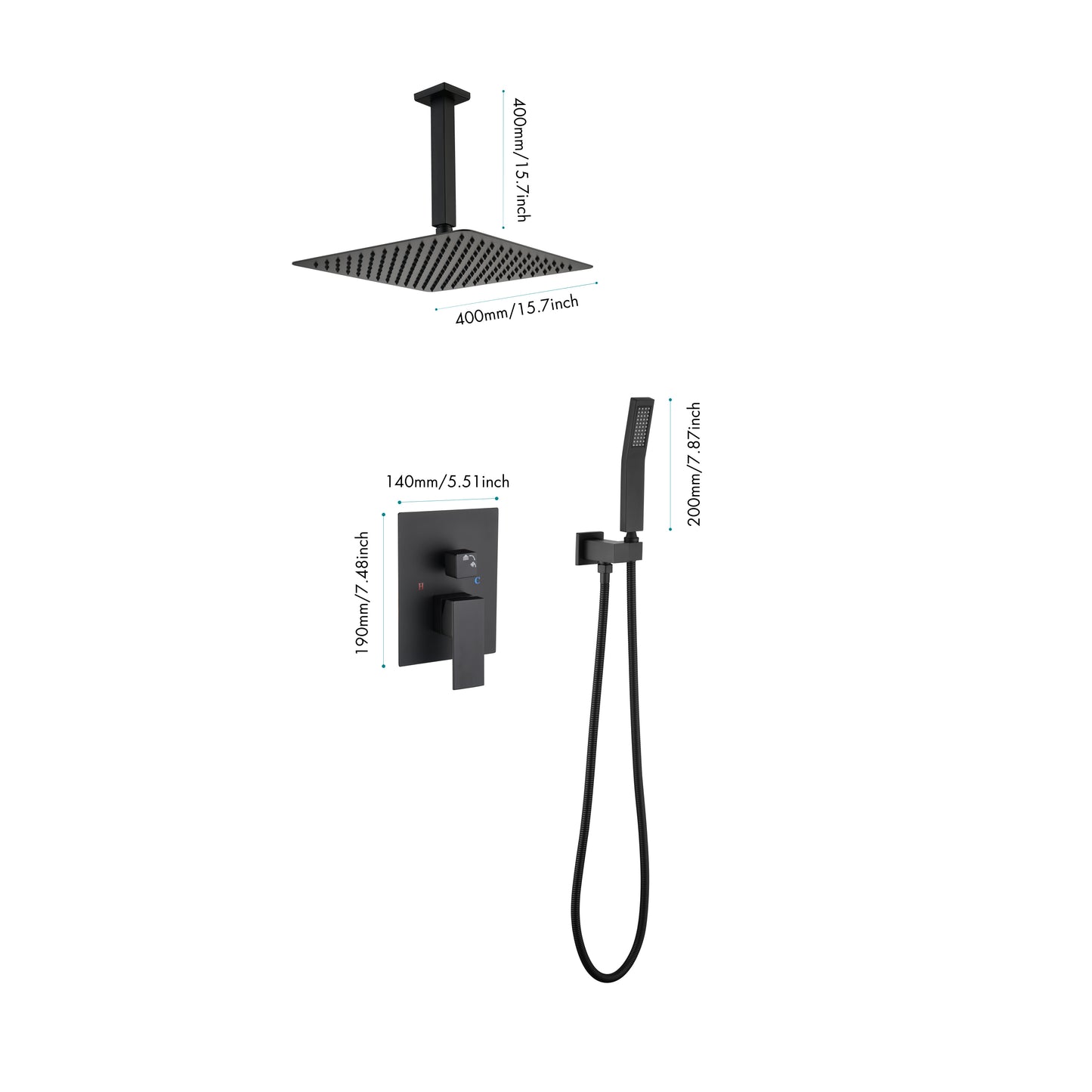 16 Inches Matte Black Shower Set System Bathroom Luxury Rain Mixer Shower Combo Set Ceiling Mounted Rainfall Shower Head Faucet (Contain Shower Faucet Rough-In Valve Body and Trim)