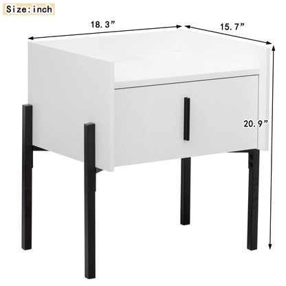 Nightstand with Drawer ,Storage Bedside Table with USB Charging Ports- White