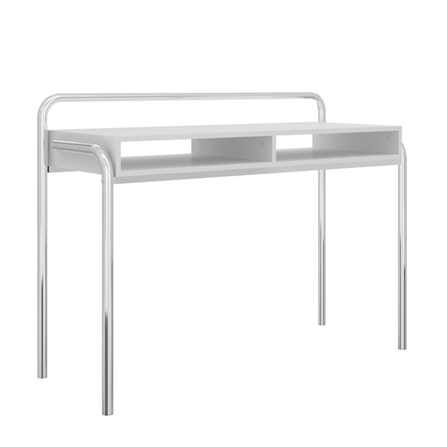 Office Desk with 2 Compartments and Tubular Metal Frame, White and Chrome