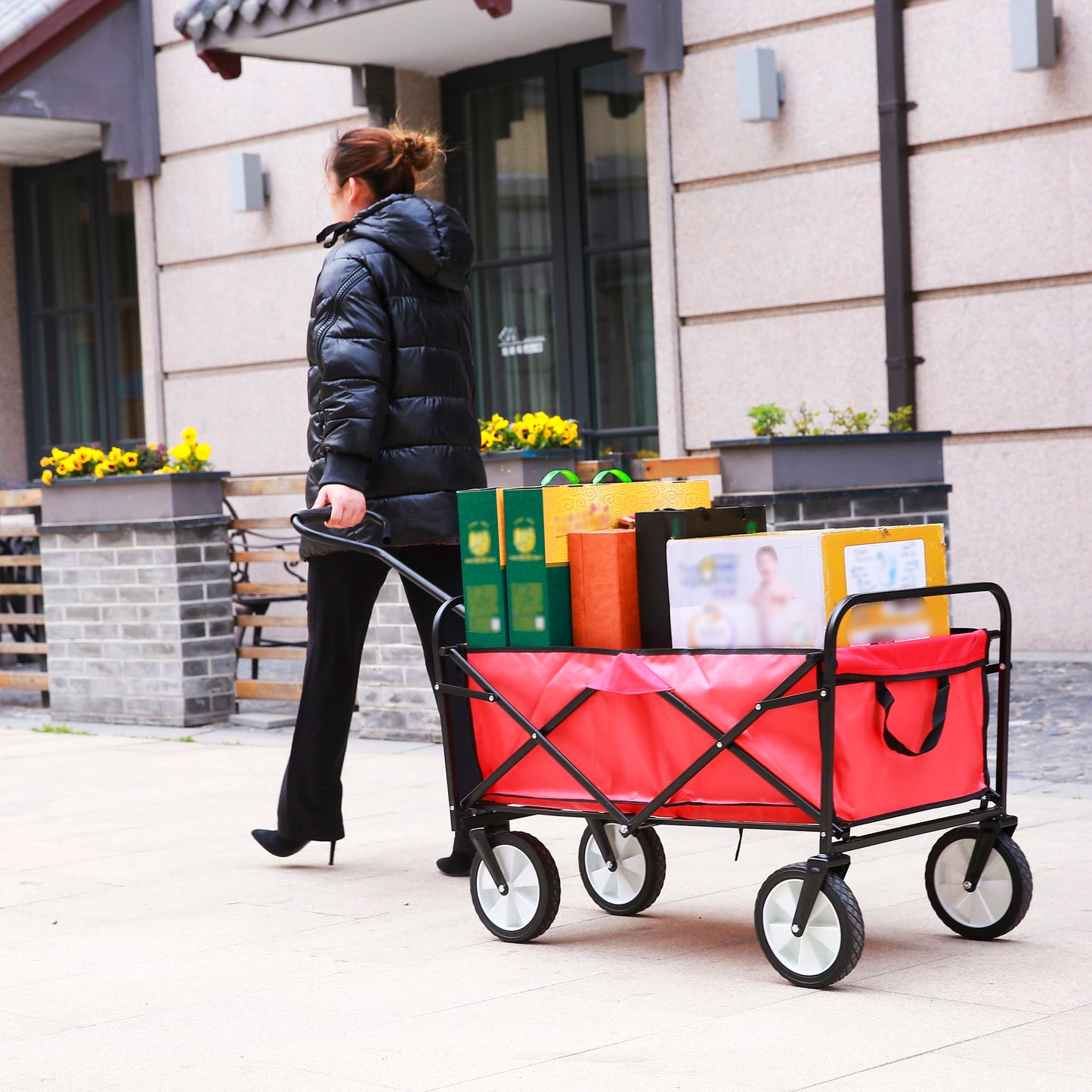 Folding Wagon Garden Shopping Beach Cart (Red)