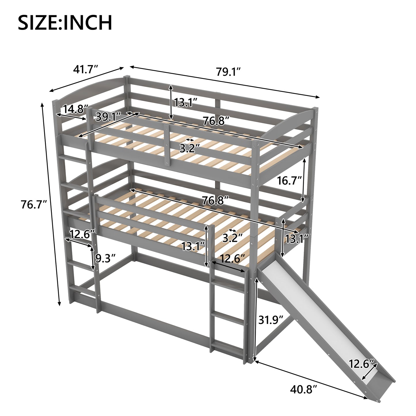 Twin over Twin over Twin Adjustable Triple Bunk Bed with Ladder and Slide,Gray(OLD SKU:SM000508AAE)(Expected Arrival Time:7.15)