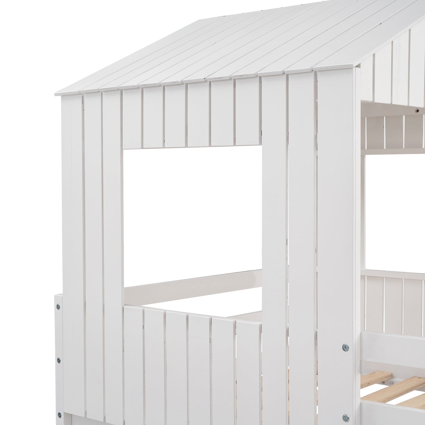 Wooden Twin Over Full Bunk Bed, Loft Bed with Playhouse, Farmhouse, Ladder, Slide and Guardrails, White(OLD SKU :LP000028AAK)