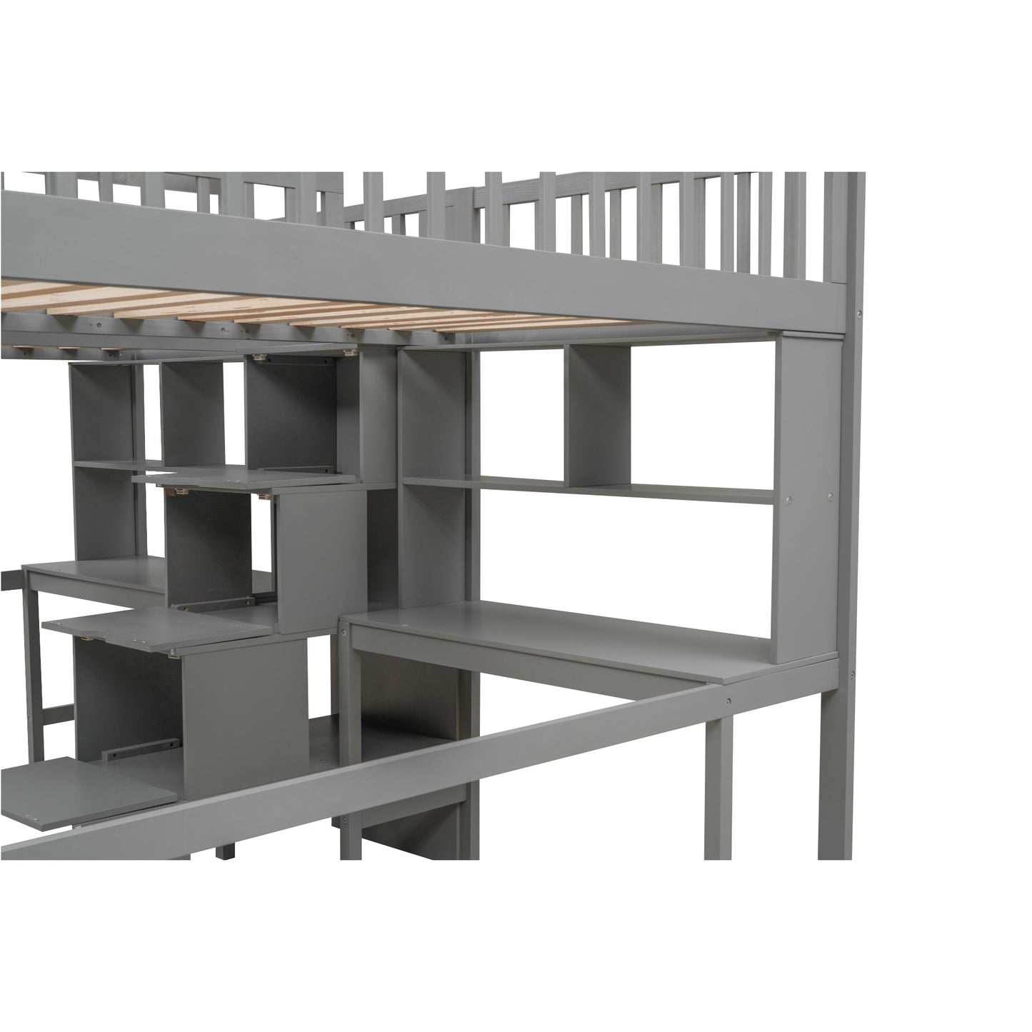 Twin & Twin Size Loft Bed with 2 Built-in Desks and Shelves, Storage Staircase, Gray