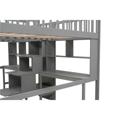 Twin & Twin Size Loft Bed with 2 Built-in Desks and Shelves, Storage Staircase, Gray