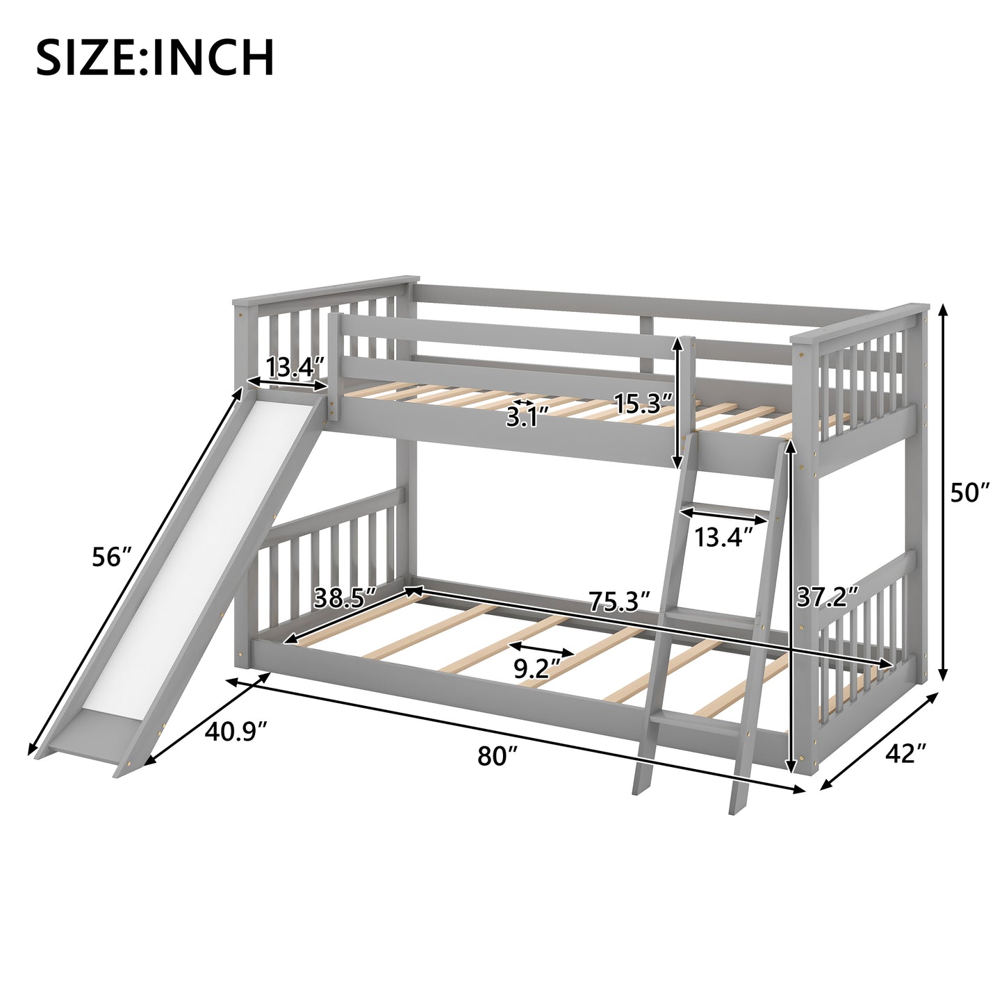 Twin over Twin Bunk Bed with Convertible Slide and Ladder, Gray